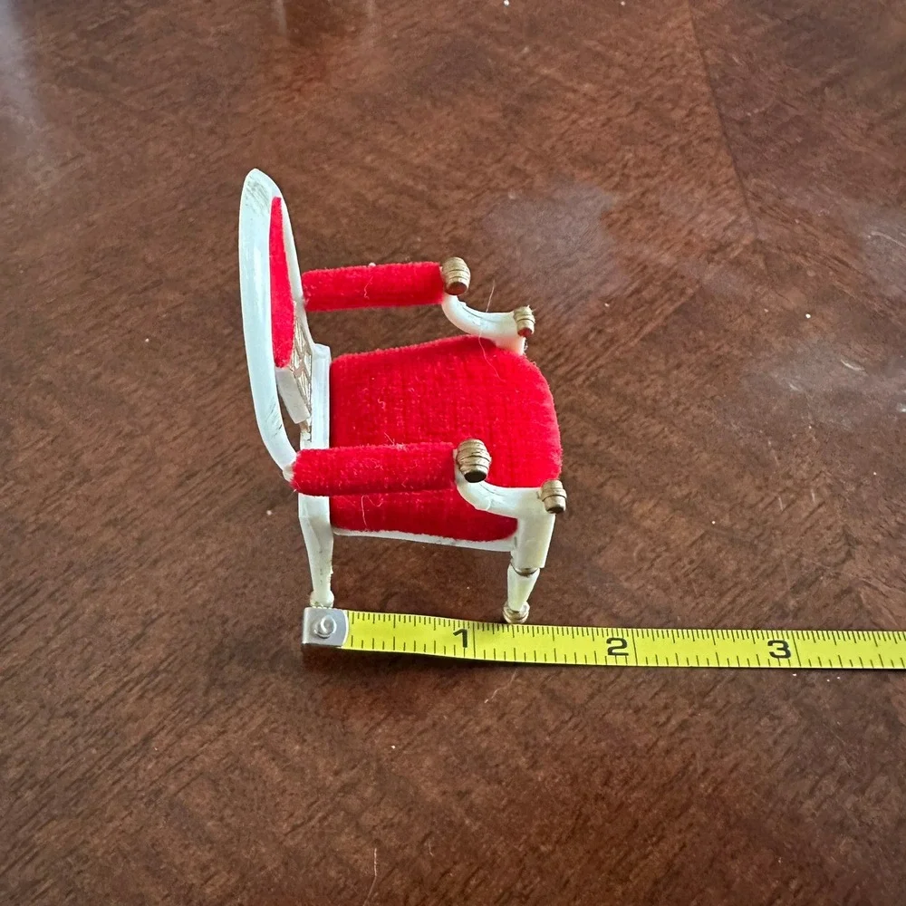 Vintage Miniature Dollhouse Furniture Set Red Velvet White Gold Hutch Chairs 4pc